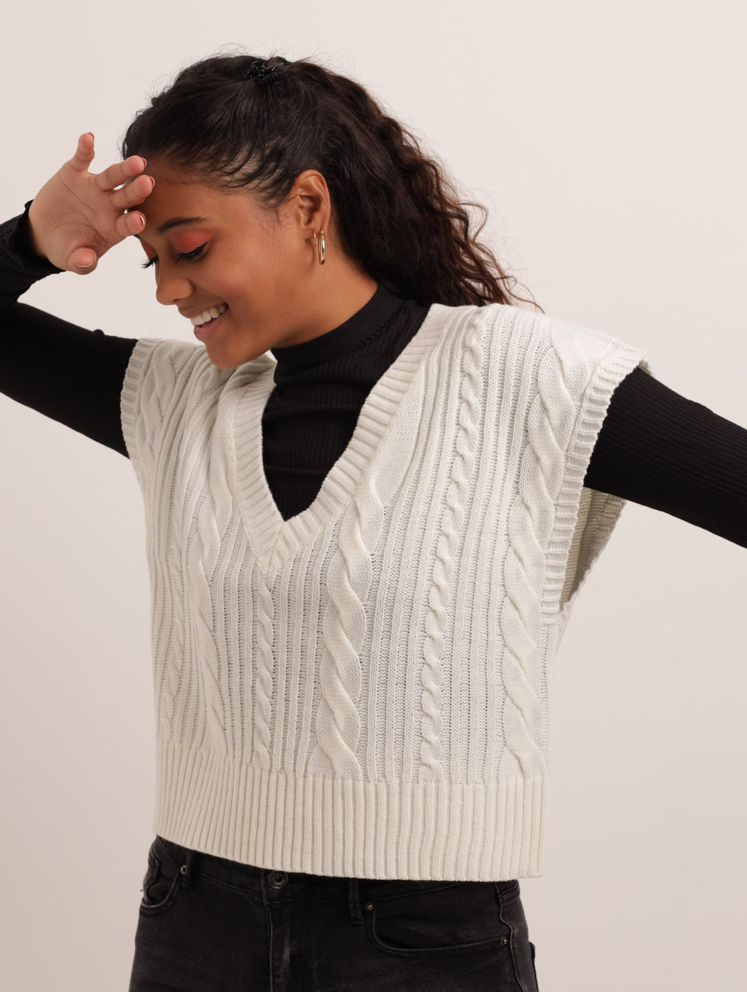 Ladies Sleeveless Cable Knit Pullover Cream - Main Image