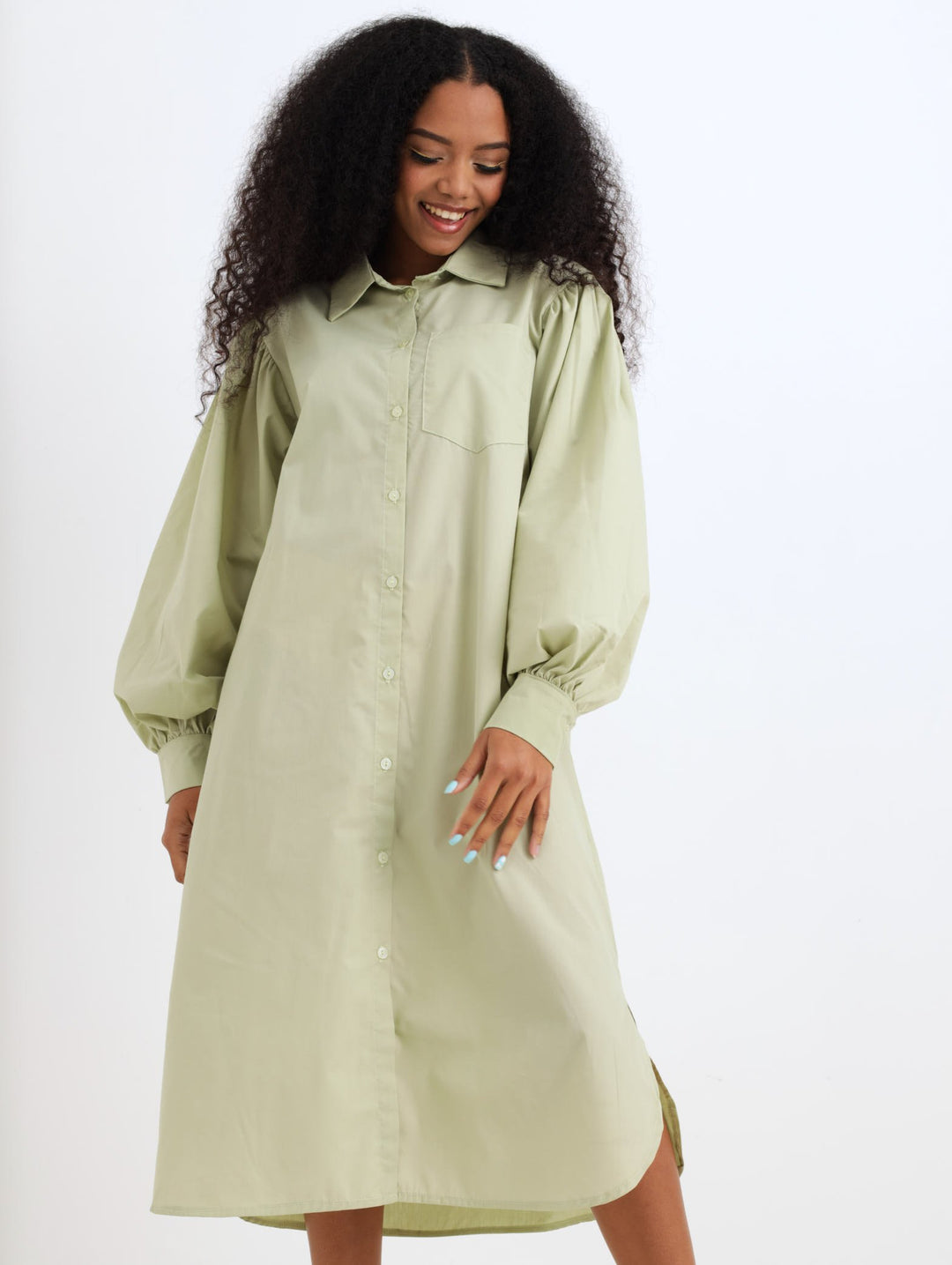 Ladies Volume Sleeve Midi Shirt Dress - Mint