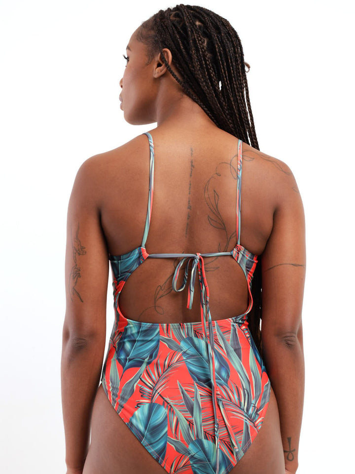 Ladies Printed Ring Highleg Cut Out One Piece Swimwear - Orange