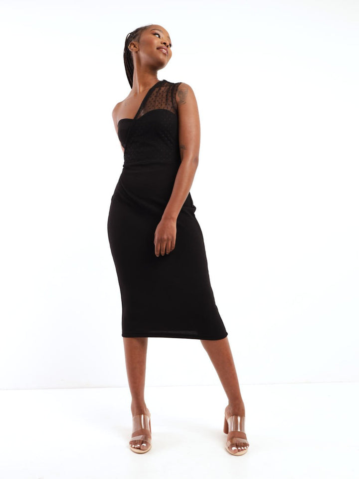 Ladies One Shoulder Spot Mesh Midi Dress - Black