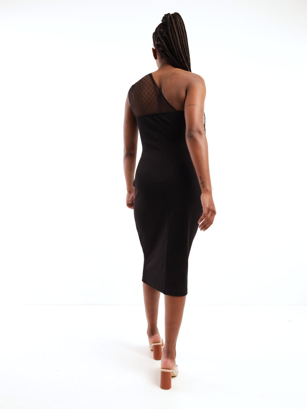 Ladies One Shoulder Spot Mesh Midi Dress - Black