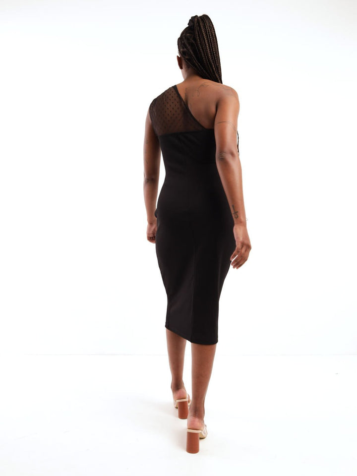 Ladies One Shoulder Spot Mesh Midi Dress - Black