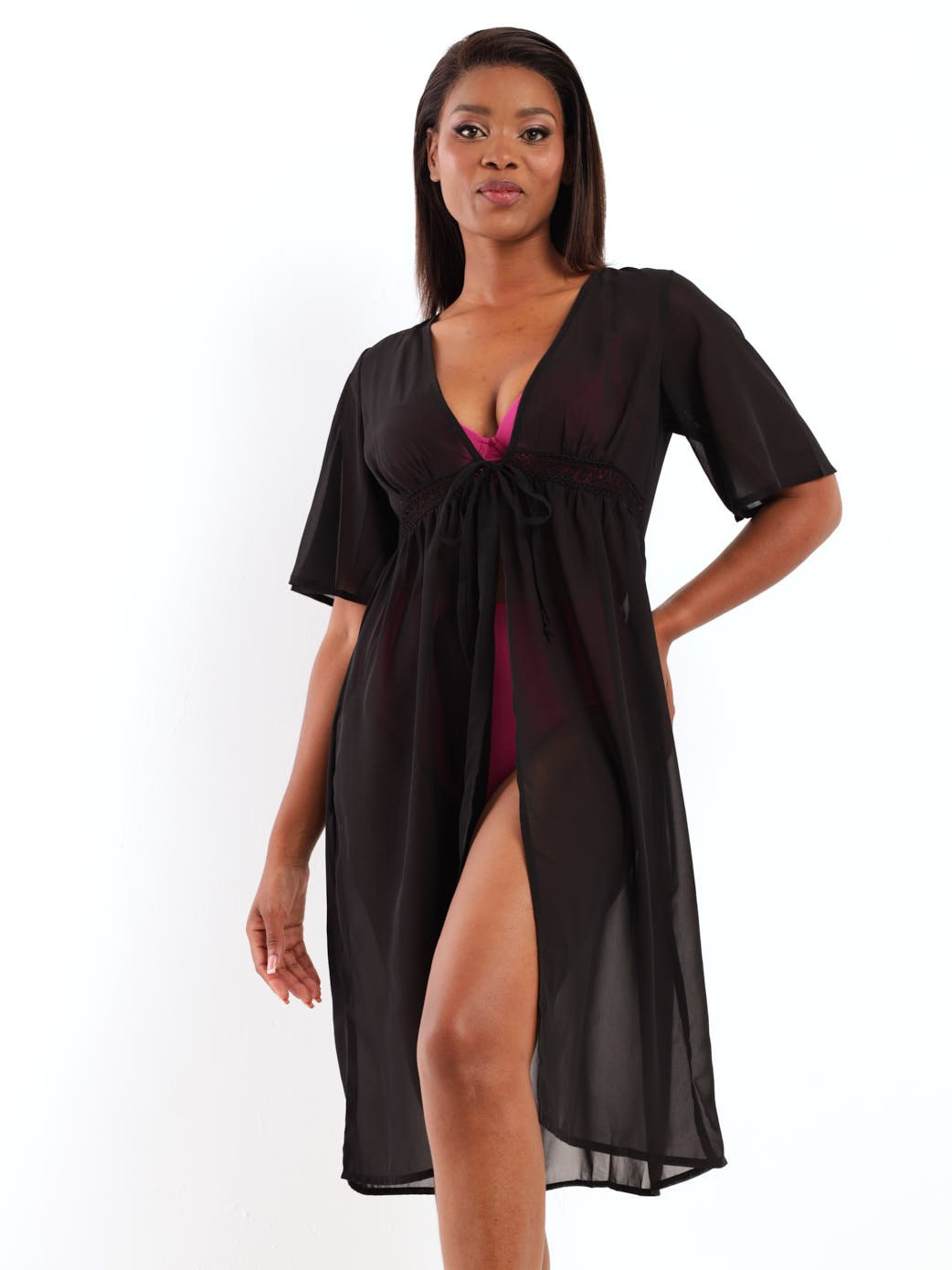 Ladies Open Lace Kaftin Maxi Cover Up - Black