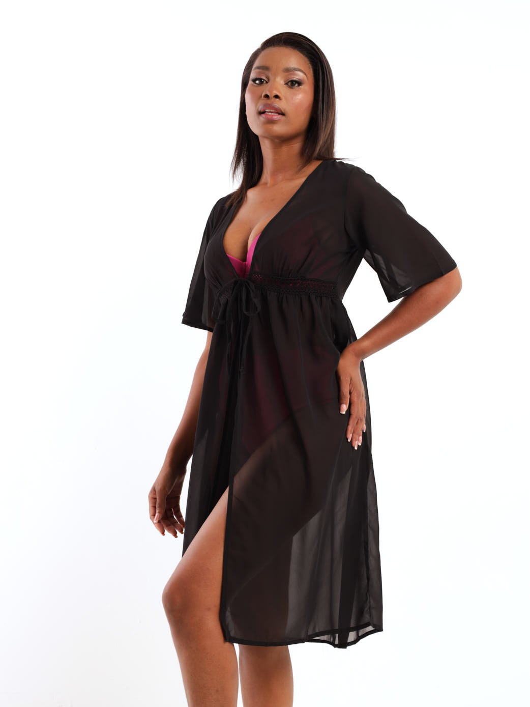 Ladies Open Lace Kaftin Maxi Cover Up - Black