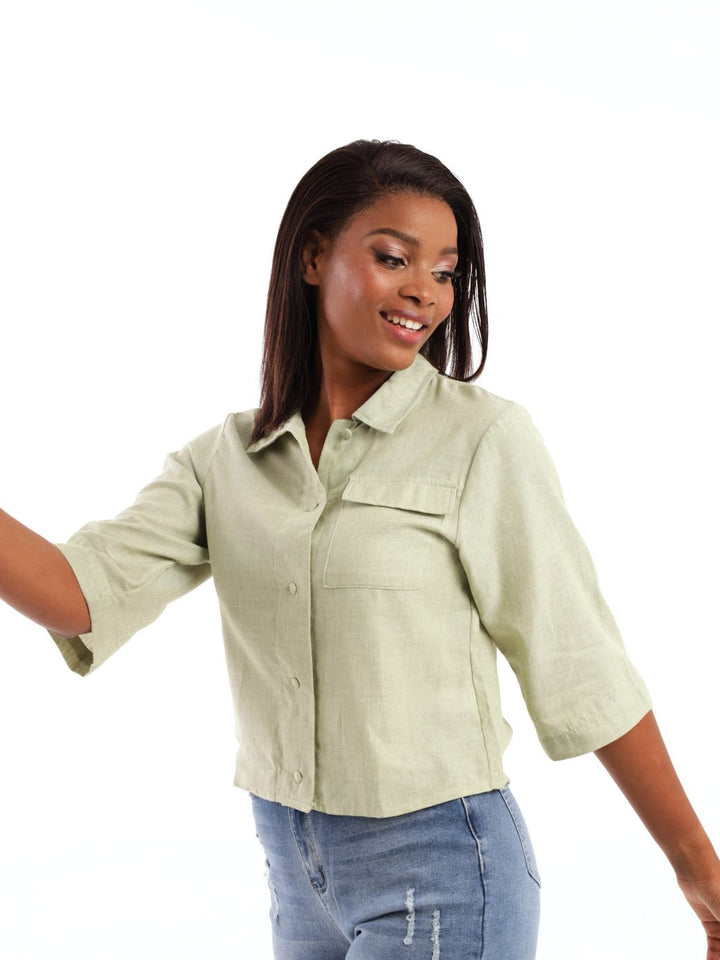 Ladies Short Sleeve Boxy Pocket Shirt - Sage