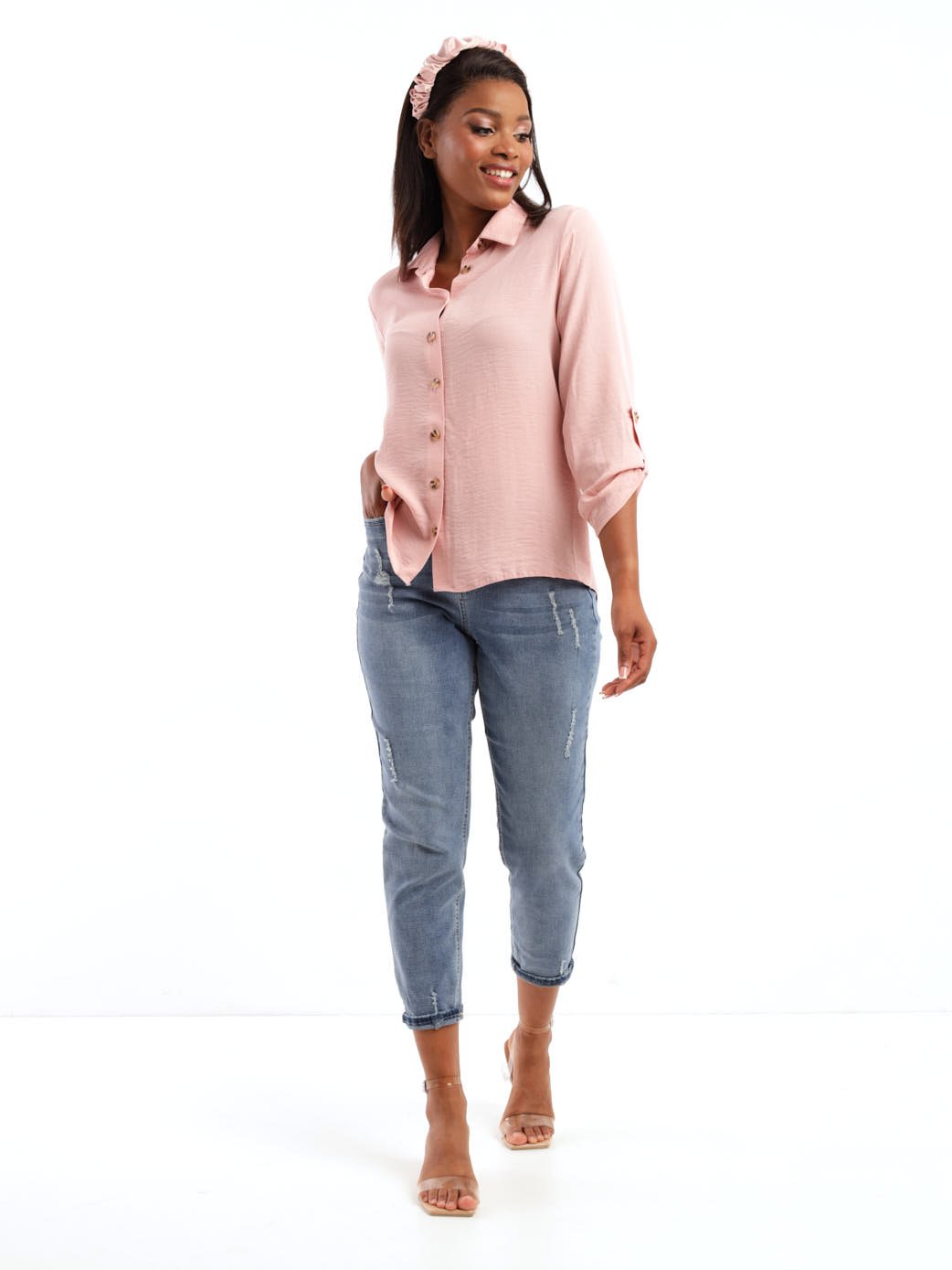 Ladies Long Sleeve Hammered Satin Shirt - Mauve