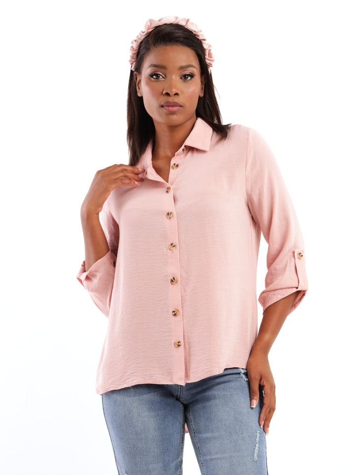 Ladies Long Sleeve Hammered Satin Shirt - Mauve