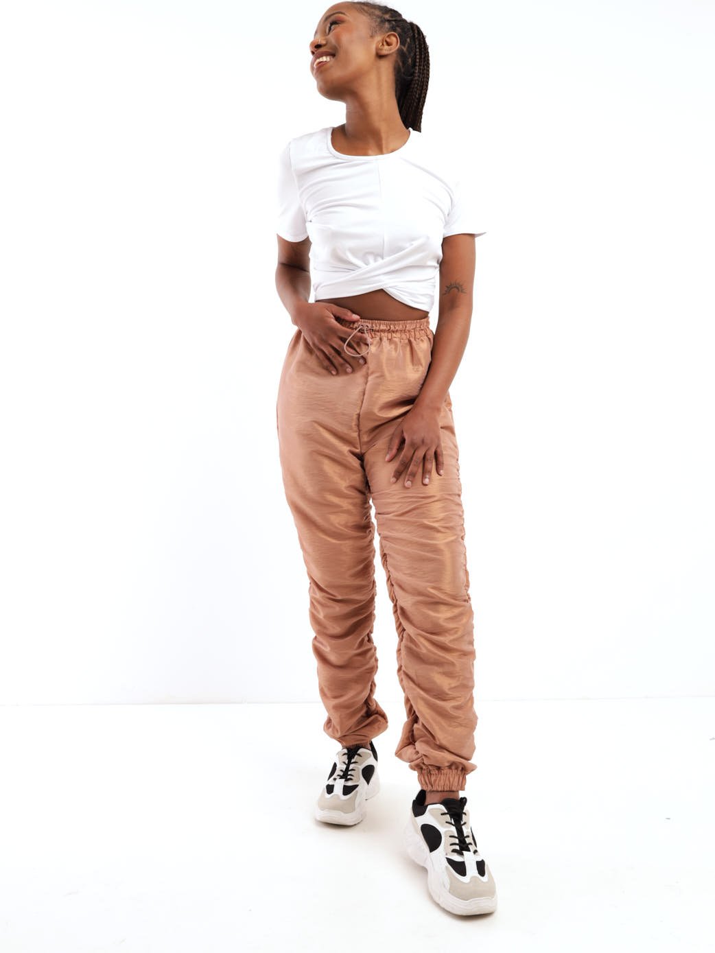 Ladies Short Sleeve Front Twist Top - White