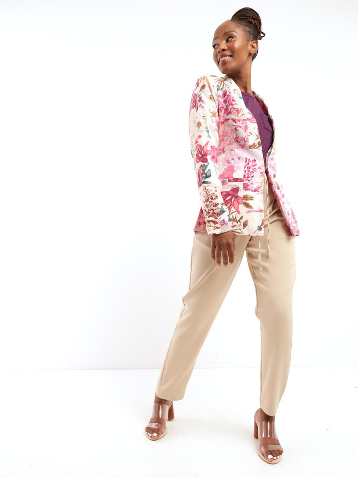 Ladies Long Sleeve Floral Printed Collarless Blazer - Floral