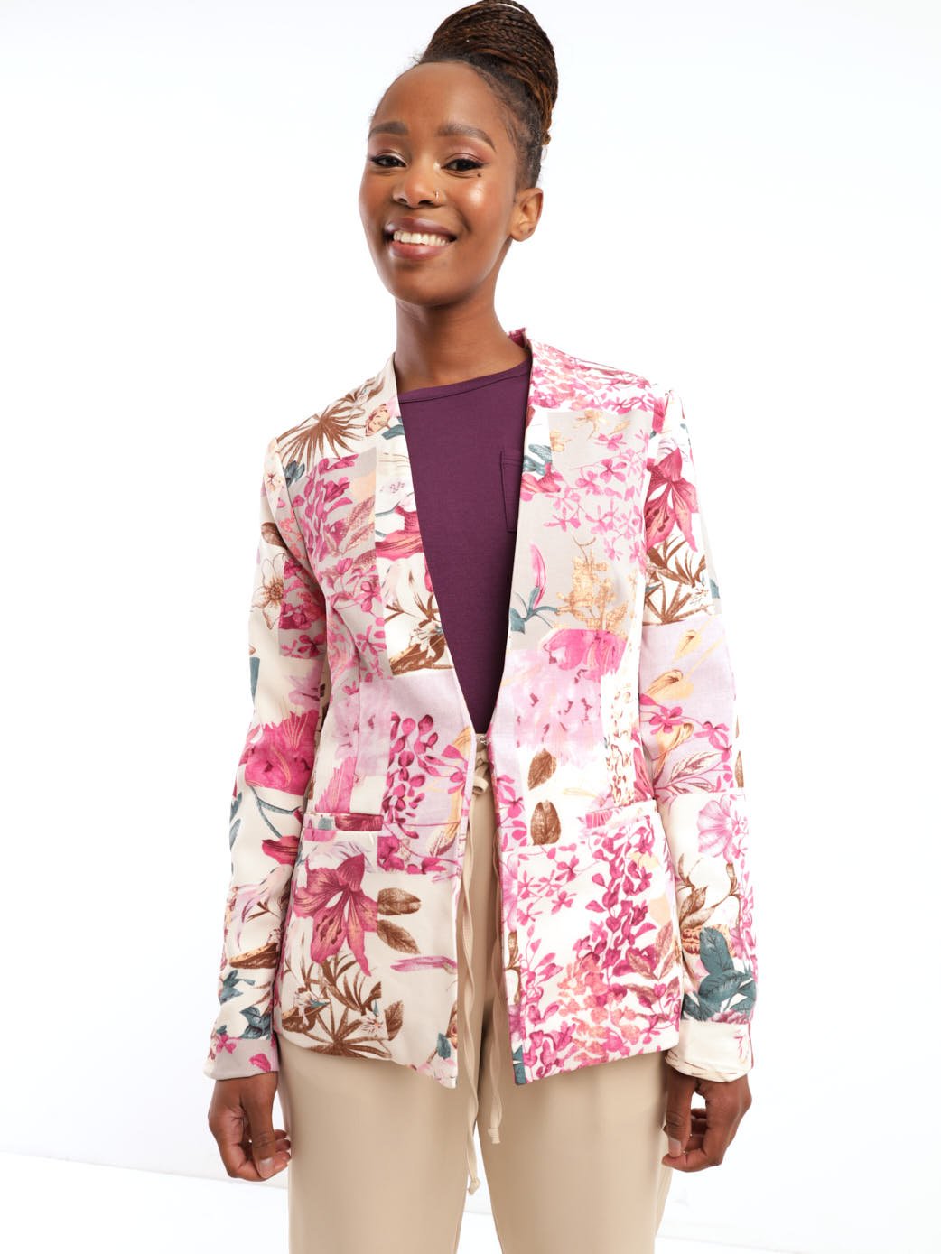 Ladies Long Sleeve Floral Printed Collarless Blazer - Floral