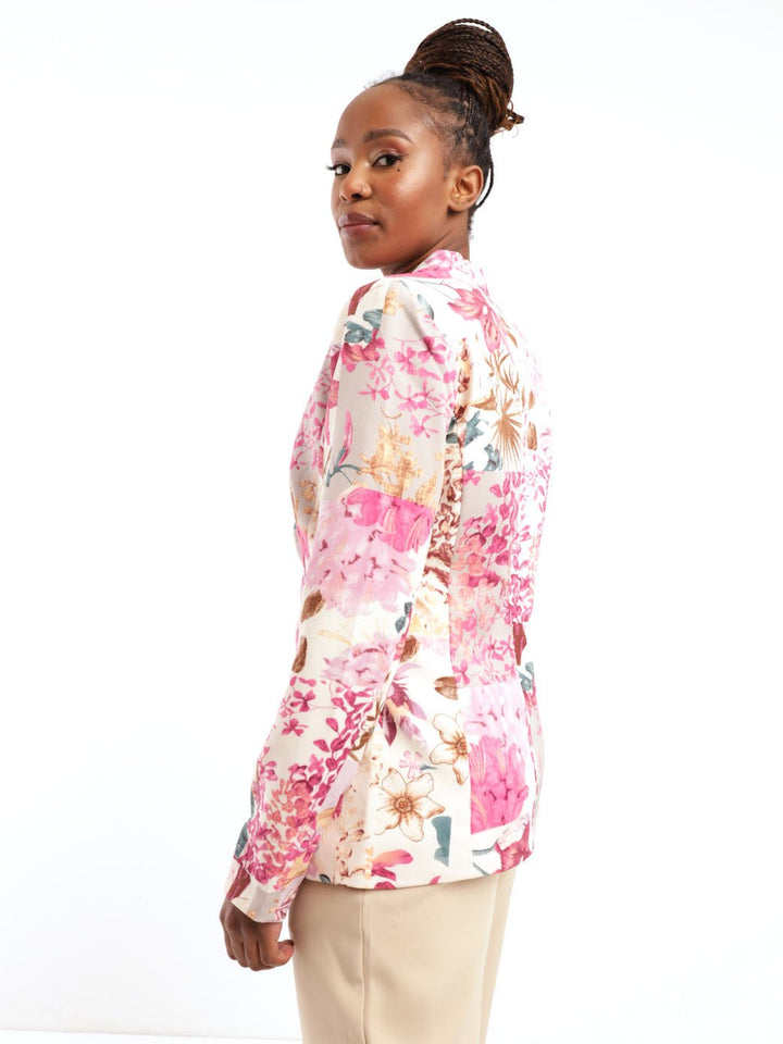 Ladies Long Sleeve Floral Printed Collarless Blazer - Floral