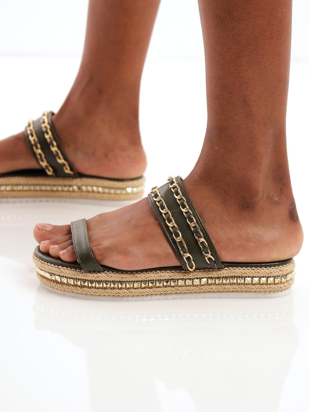 Ladies Chain Weaved Double Strap Studded Platform Sandal - Fatigue
