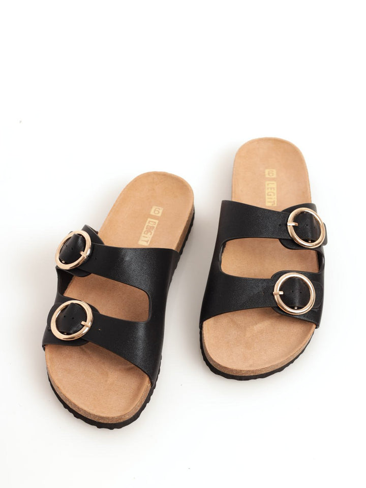 Ladies Cross Double Strap Mule Sandal - Black