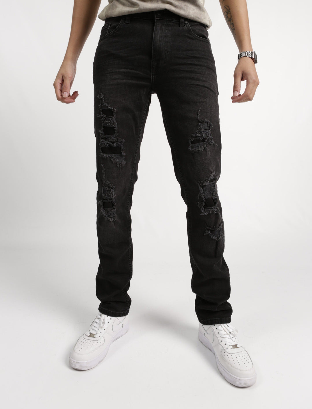 Mens Men's Black Knee Patch Ripped Skinny Denim Jean – Edgars