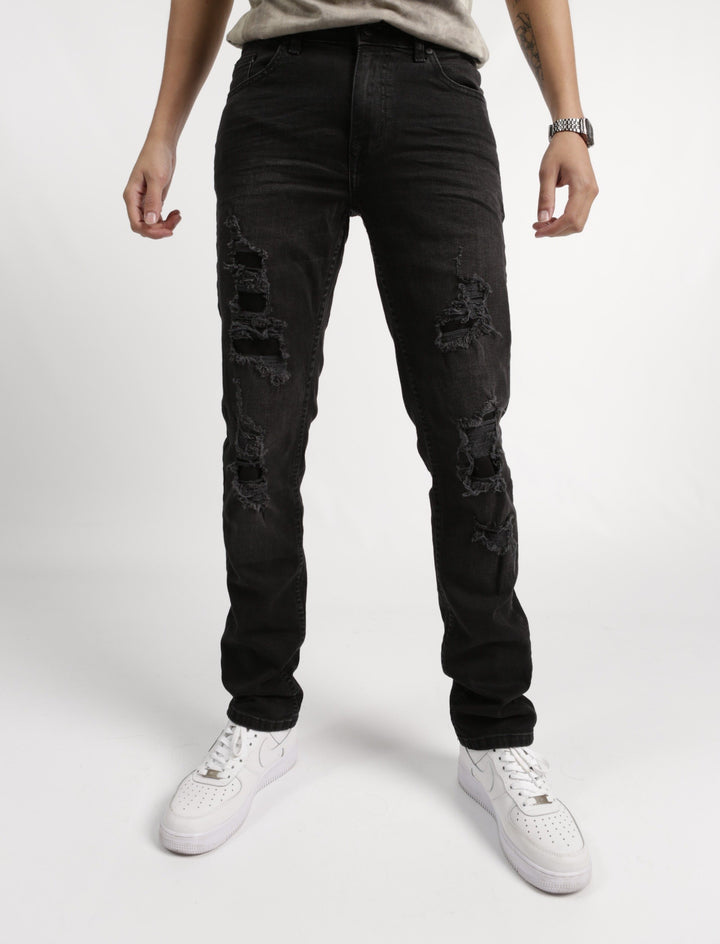 Men's Black Knee Patch Ripped Skinny Denim Jean