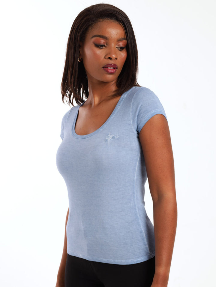 Ladies Short Sleeve Script Logo Scoop Neck Tee - Blue