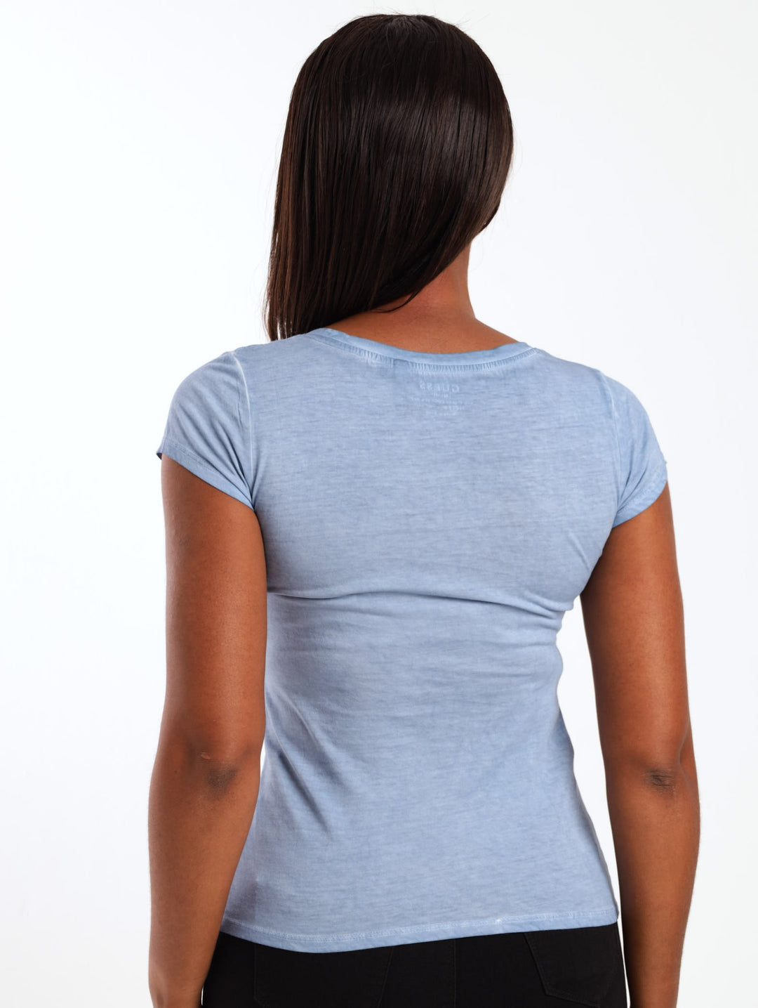 Ladies Short Sleeve Script Logo Scoop Neck Tee - Blue