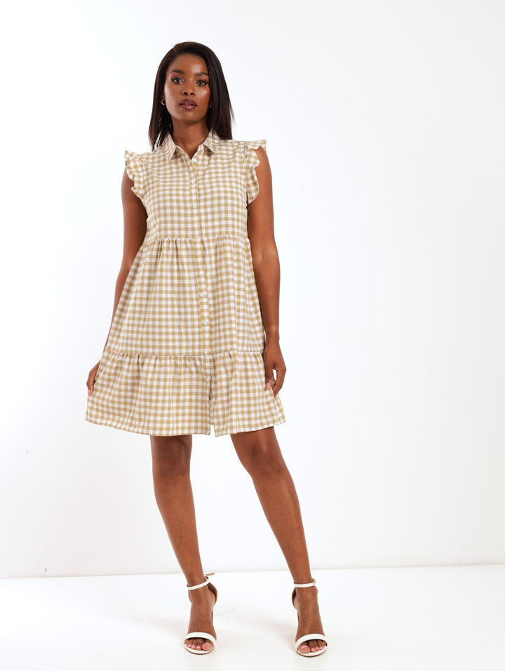 Ladies Sleeveless Gingham Tiered Shirt Dress - Sage