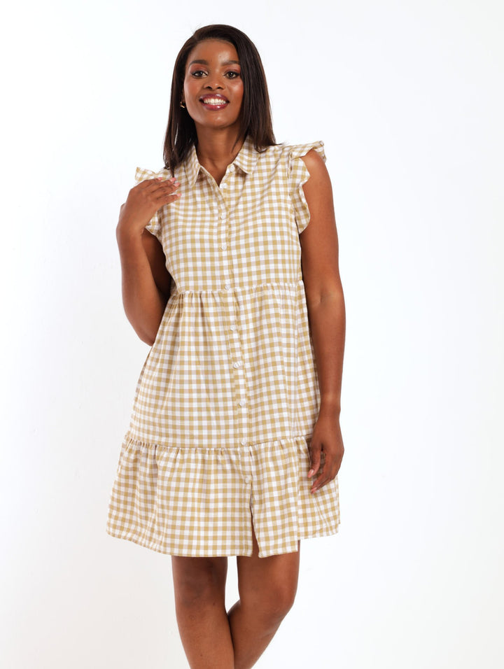 Ladies Sleeveless Gingham Tiered Shirt Dress - Sage