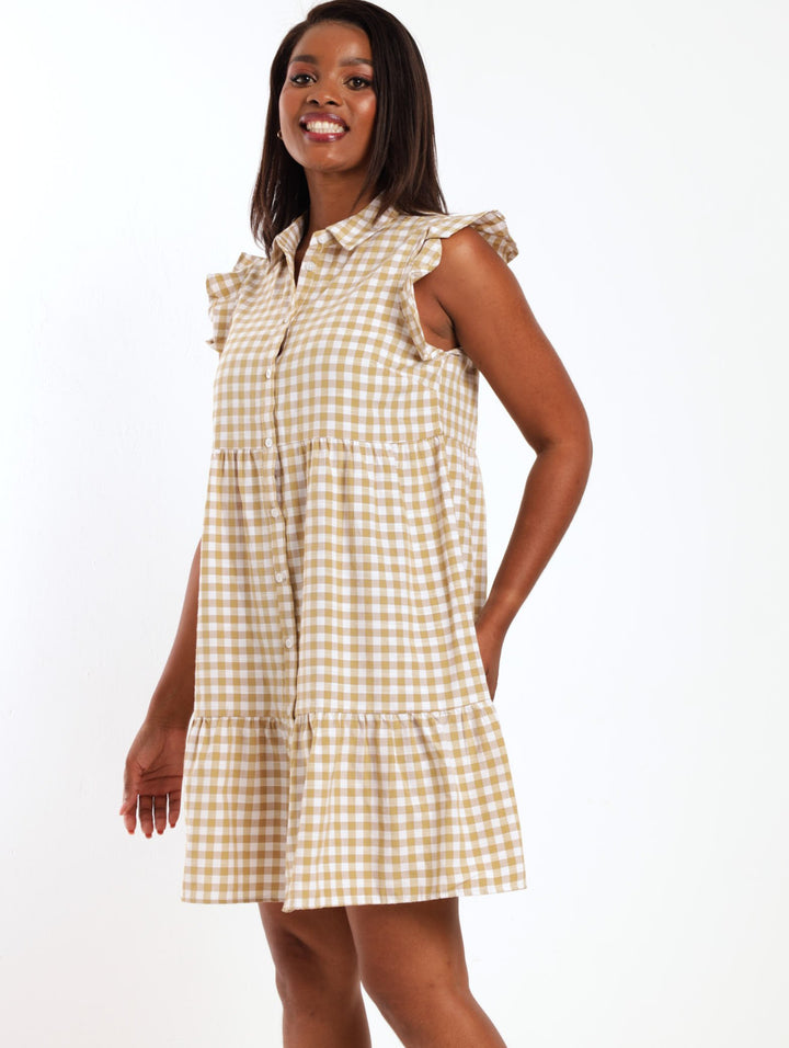 Ladies Sleeveless Gingham Tiered Shirt Dress - Sage