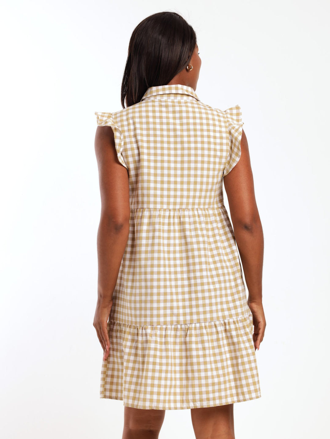Ladies Sleeveless Gingham Tiered Shirt Dress - Sage