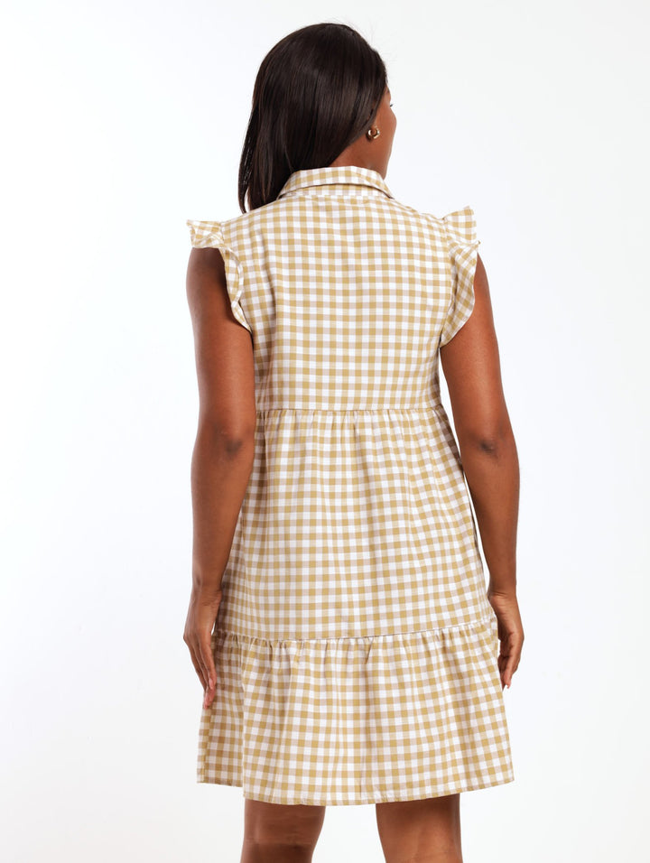 Ladies Sleeveless Gingham Tiered Shirt Dress - Sage