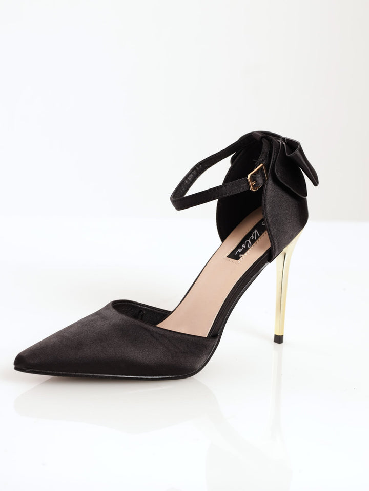 Ladies D'Orsay Back Bow Pointed Court On Metal Stile Heel - Black
