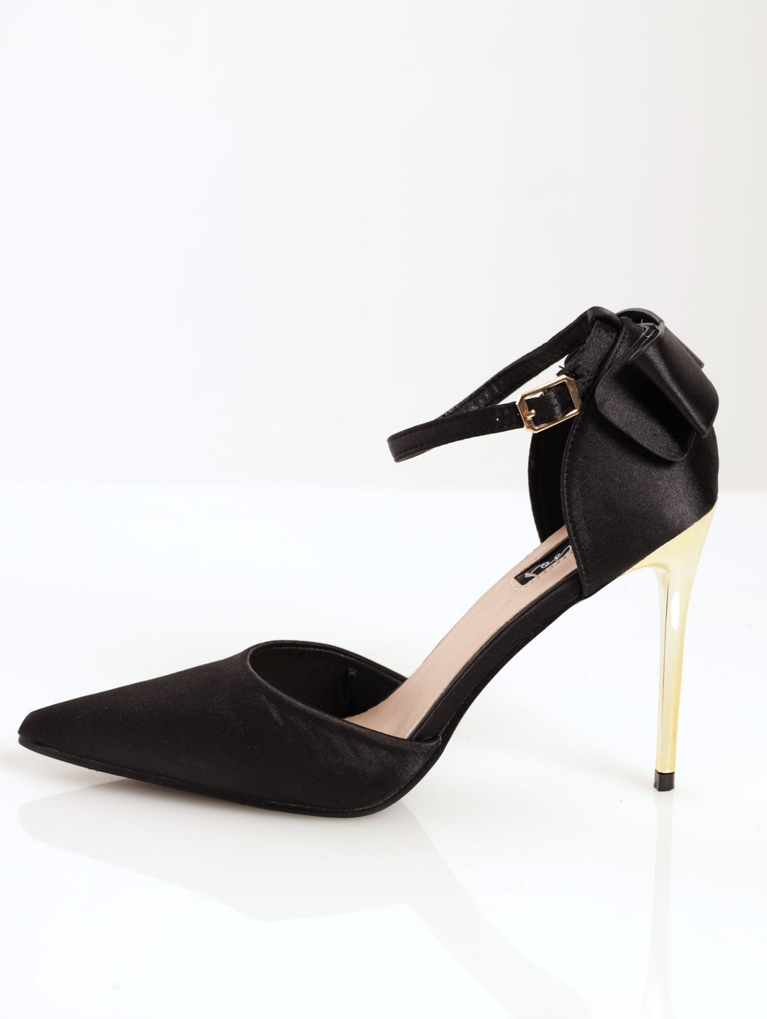 Ladies D'Orsay Back Bow Pointed Court On Metal Stile Heel - Black
