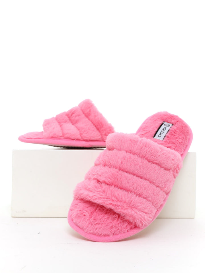 Ladies Quilted Fur Open-Toe Mule Slipper - Pink