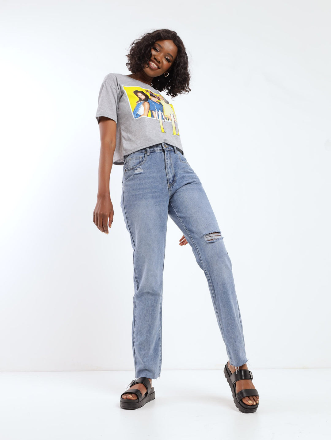 Ladies Stonewash Hi-Waist Straightleg Long Denim Jean