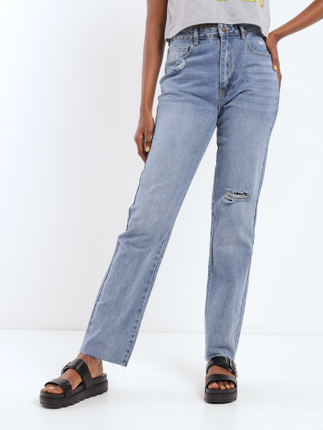 Ladies Stonewash Hi-Waist Straightleg Long Denim Jean