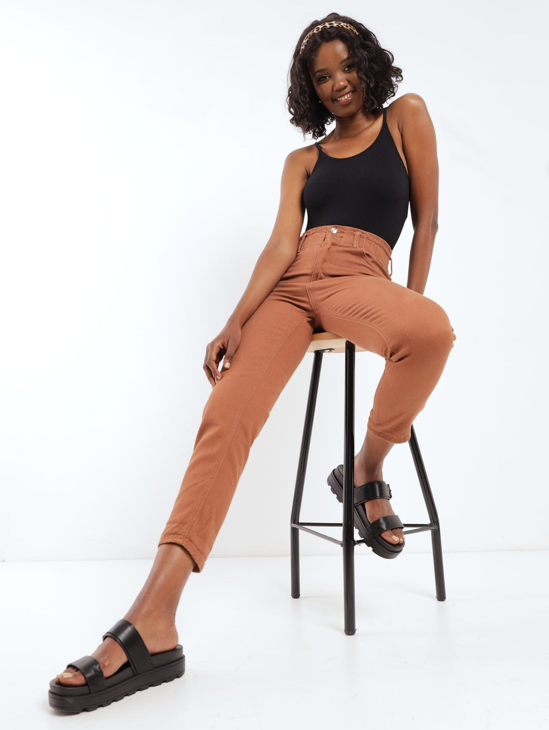 Ladies Brown Paperbag Double Button Denim Mom Jean