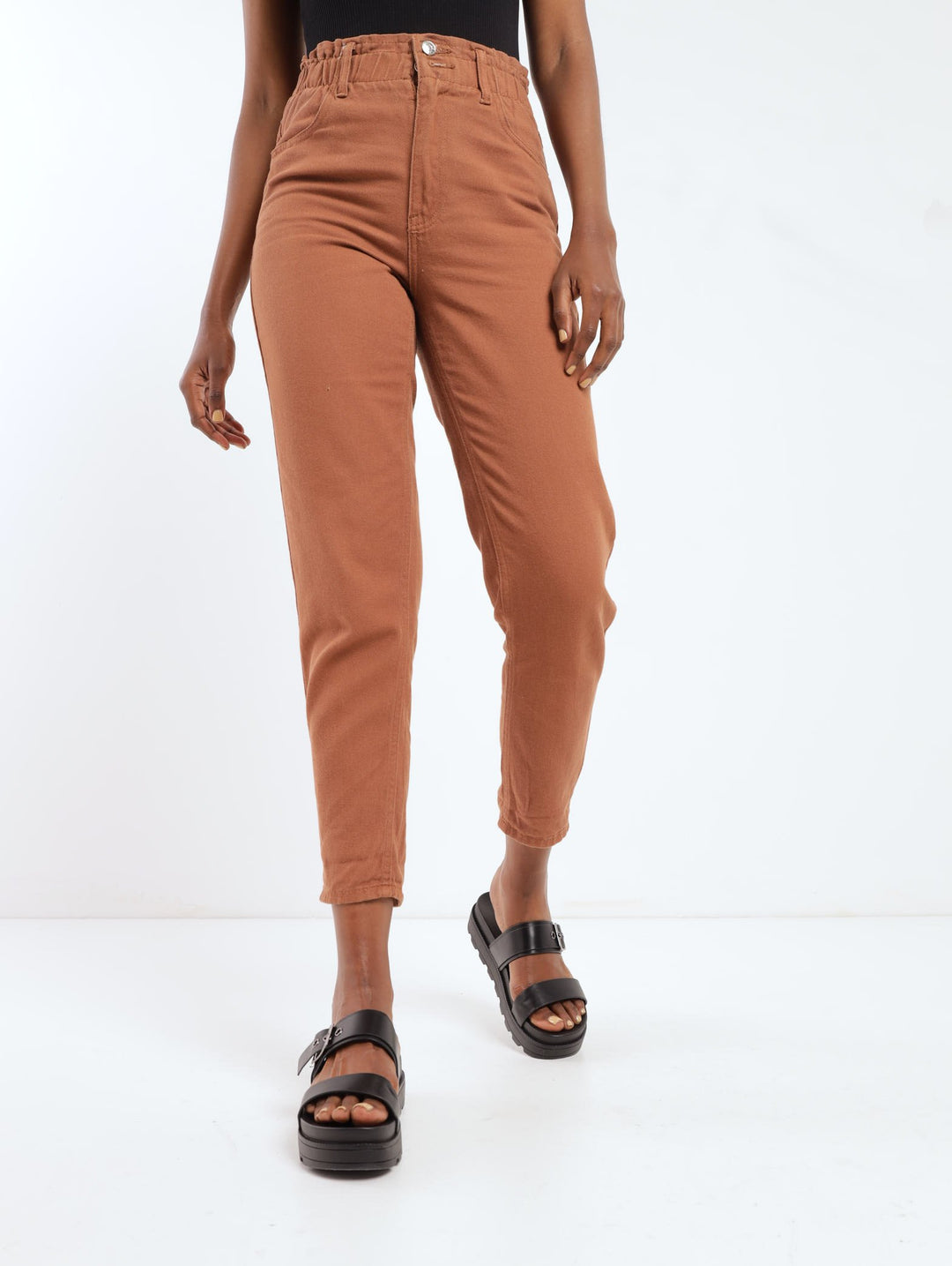 Ladies Brown Paperbag Double Button Denim Mom Jean