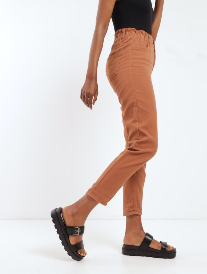 Ladies Brown Paperbag Double Button Denim Mom Jean