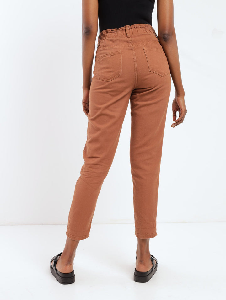 Ladies Brown Paperbag Double Button Denim Mom Jean