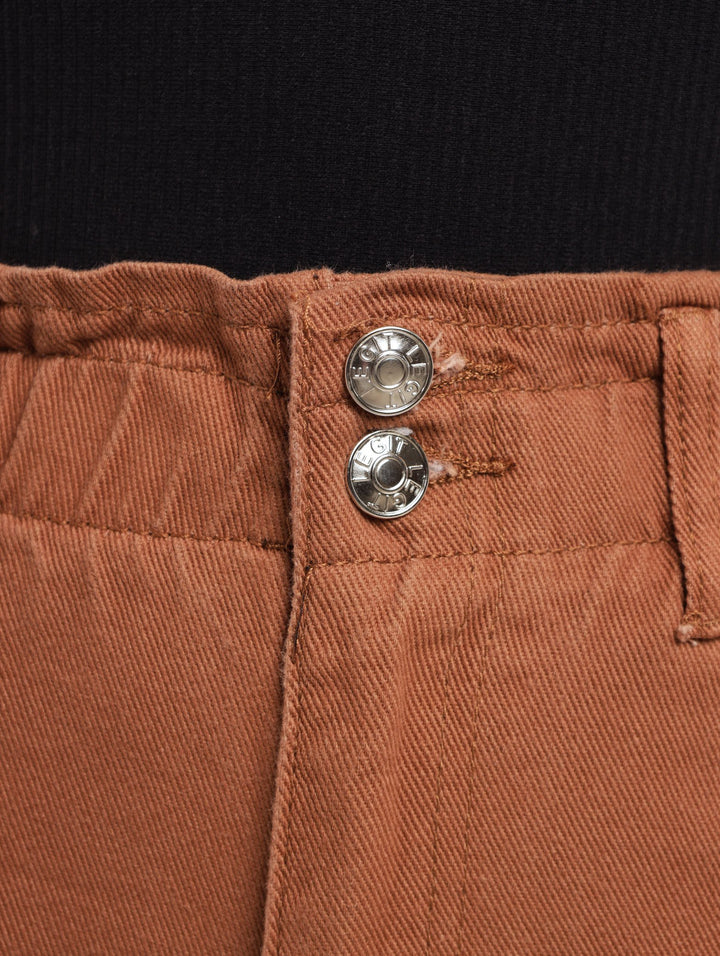 Ladies Brown Paperbag Double Button Denim Mom Jean