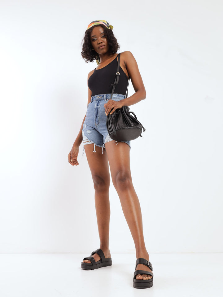 Ladies Heavy Abraised Hem Denim Mid Short - Stonewash