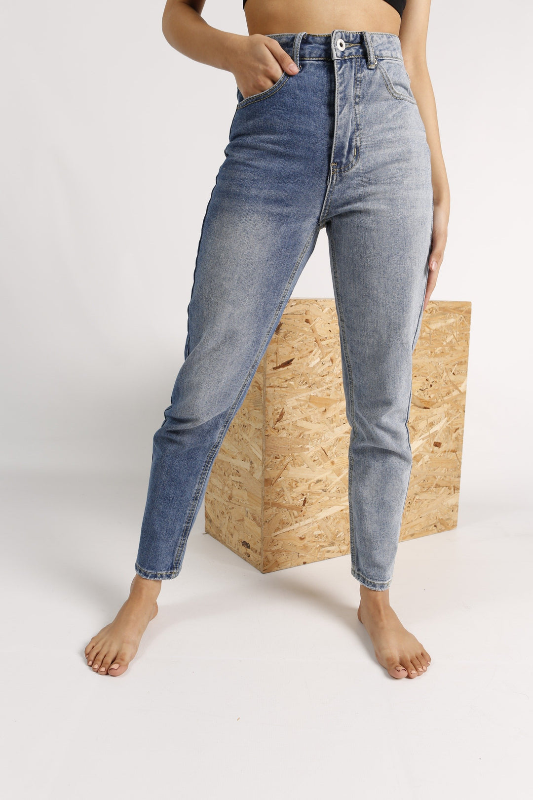 Ladies 2 Tone Denim Mom Jean - Blue