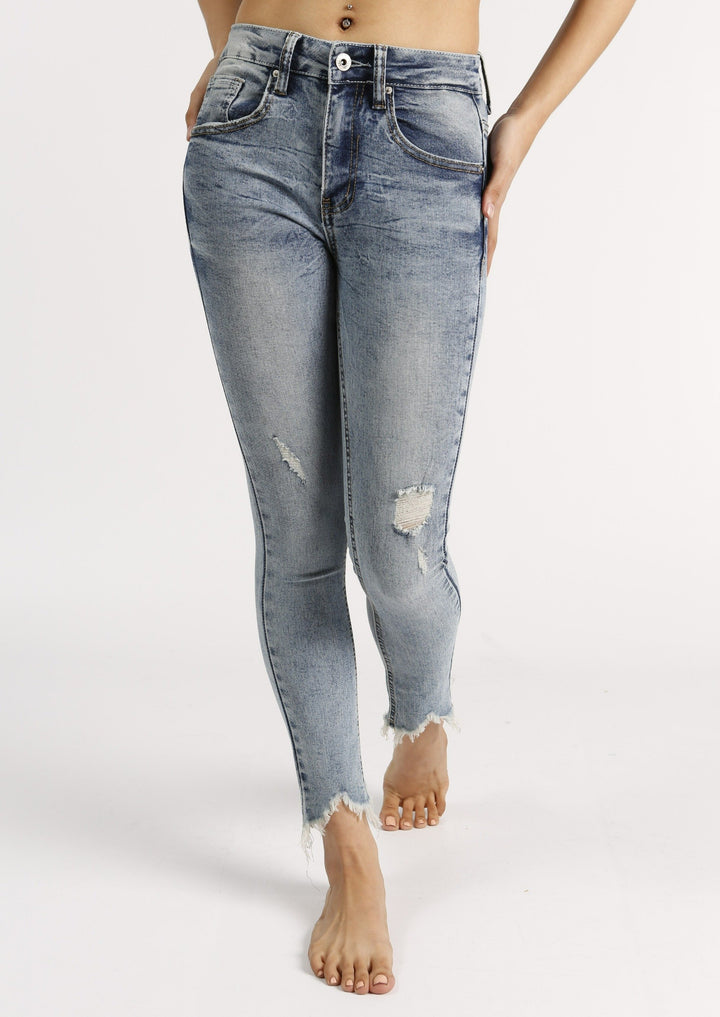 Ladies Bleach Sharkbite Hem Straight Ankle Grazer Denim Jean