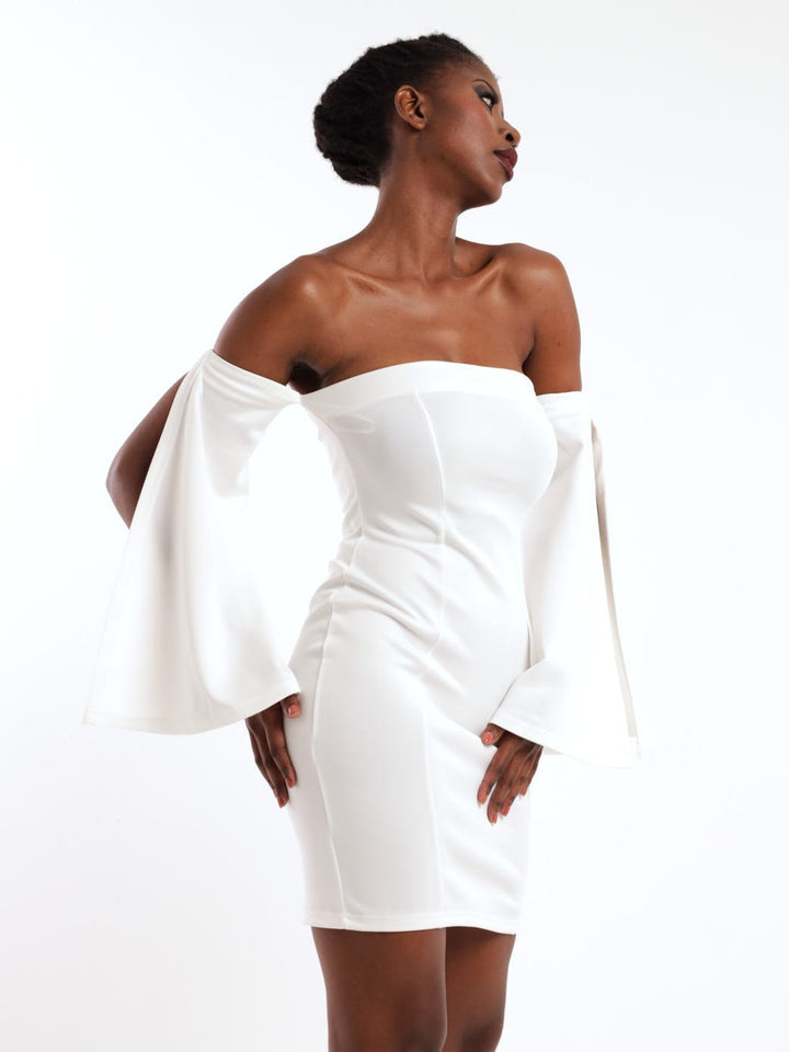 Ladies Off The Shoulder Flared Sleeve Mini Dress - White