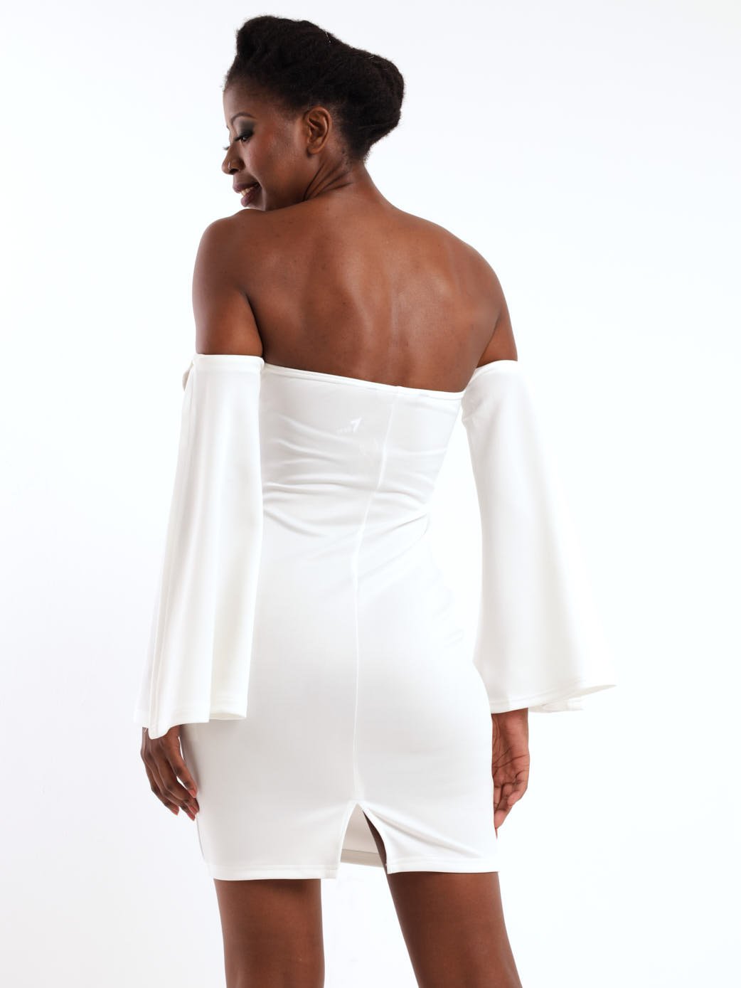 Ladies Off The Shoulder Flared Sleeve Mini Dress - White