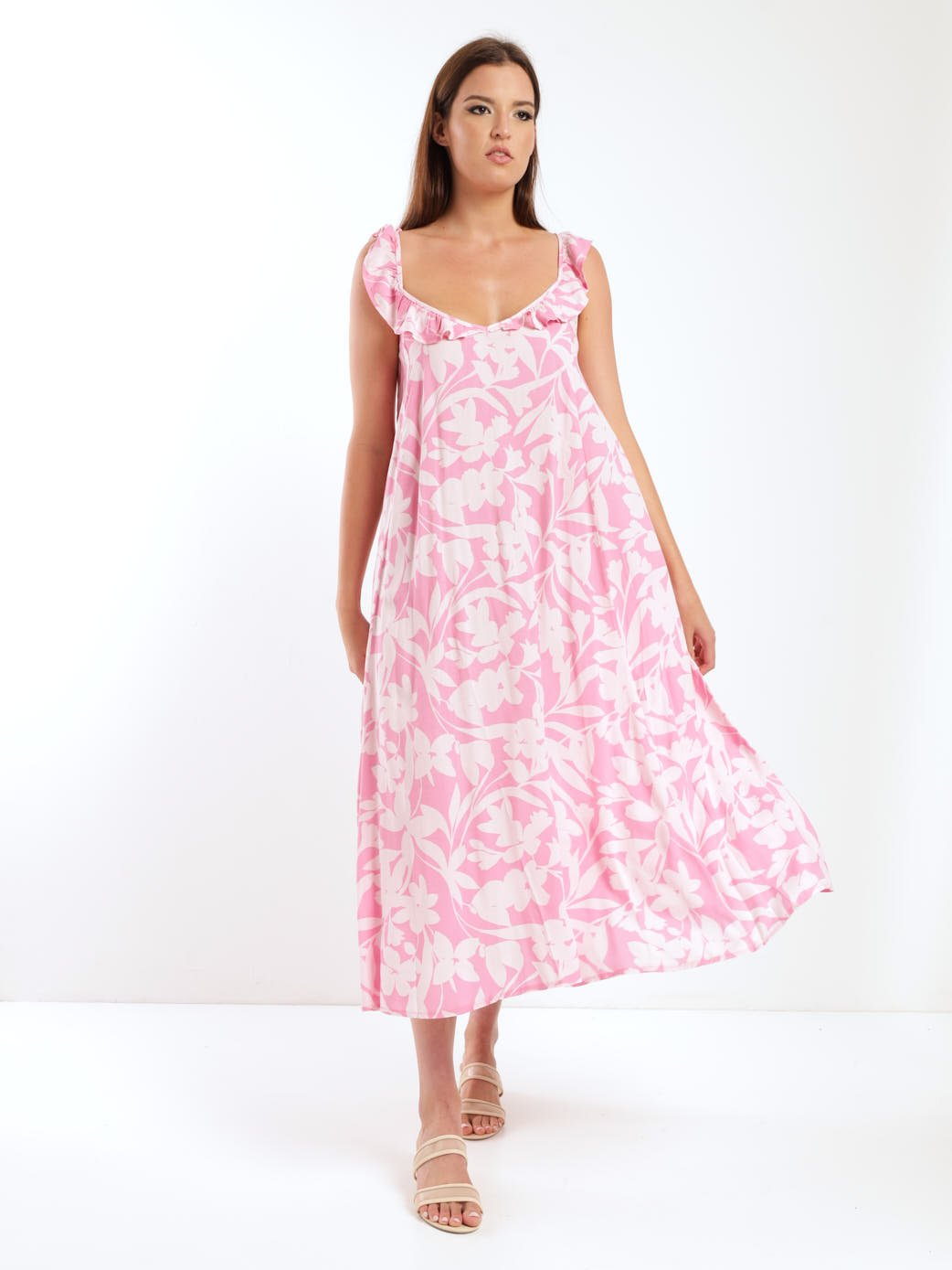 Ladies Two-Tone Sleeveless Floral Flared Frill Cami Midi Dress - Pink