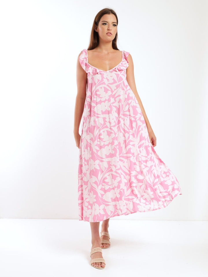 Ladies Two-Tone Sleeveless Floral Flared Frill Cami Midi Dress - Pink