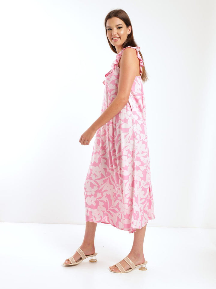 Ladies Two-Tone Sleeveless Floral Flared Frill Cami Midi Dress - Pink