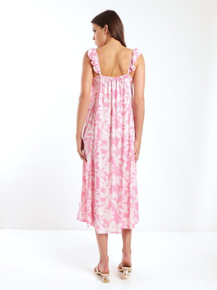 Ladies Two-Tone Sleeveless Floral Flared Frill Cami Midi Dress - Pink