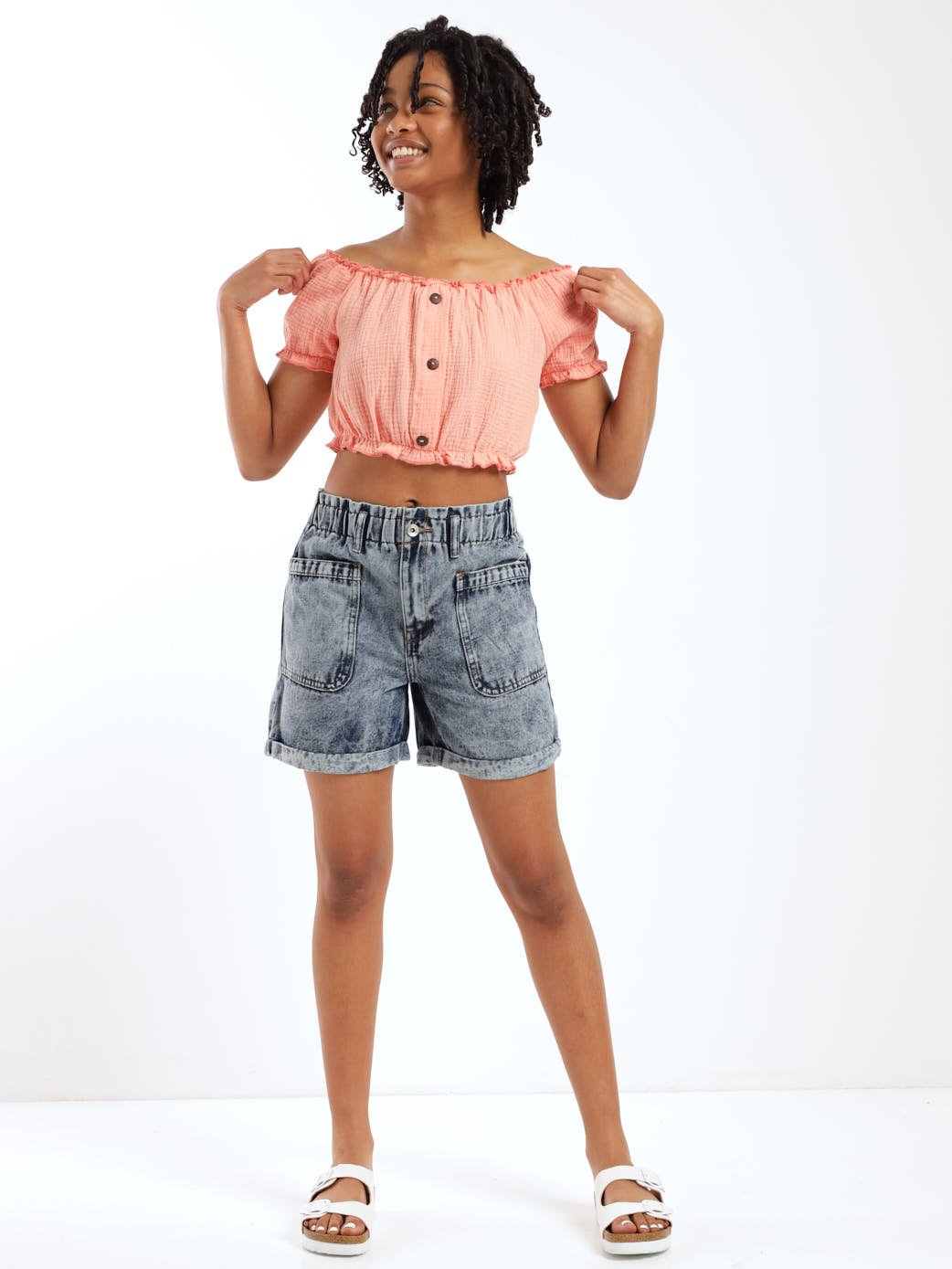 Girls Crop Top With Button Detail - Flamingo