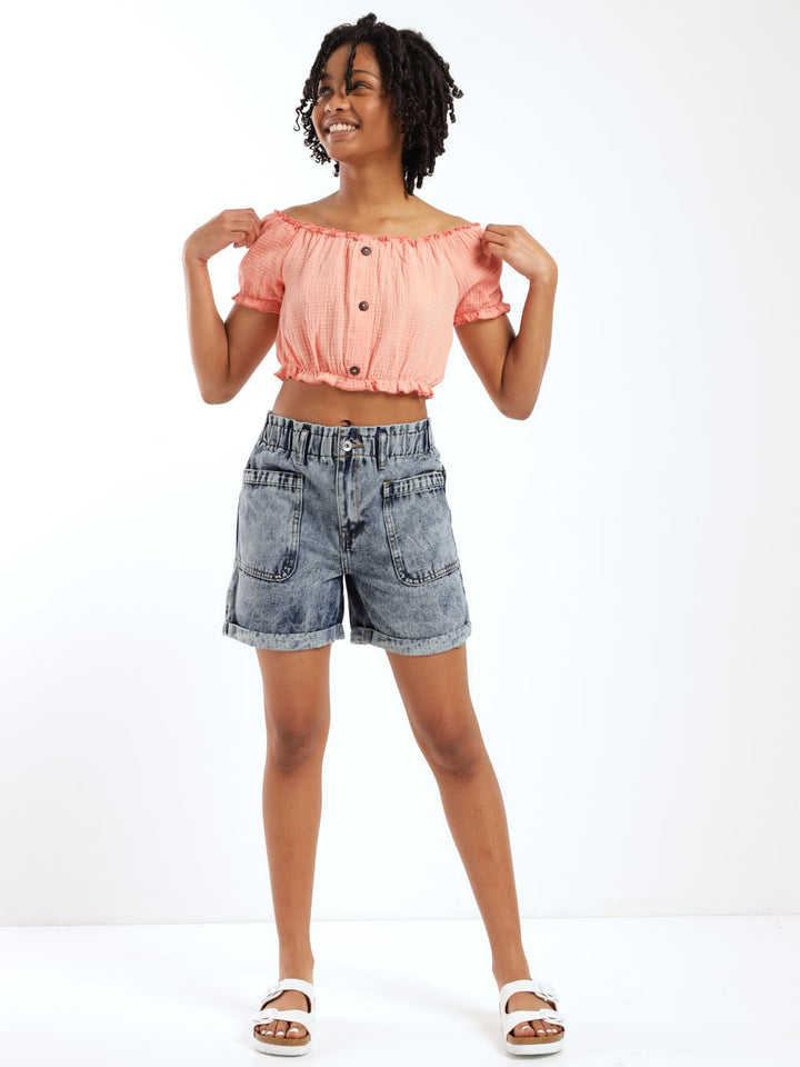 Girls Crop Top With Button Detail - Flamingo