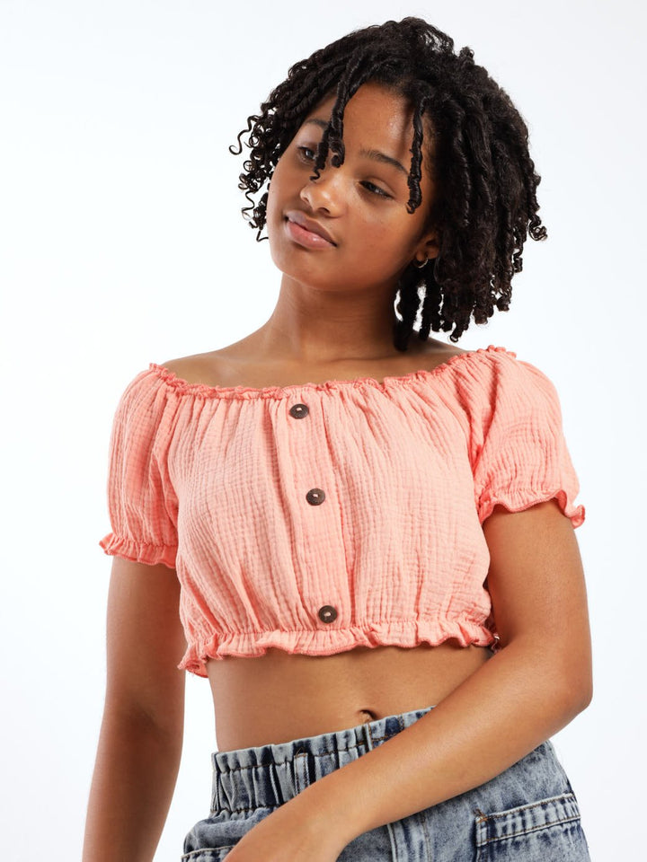 Girls Crop Top With Button Detail - Flamingo