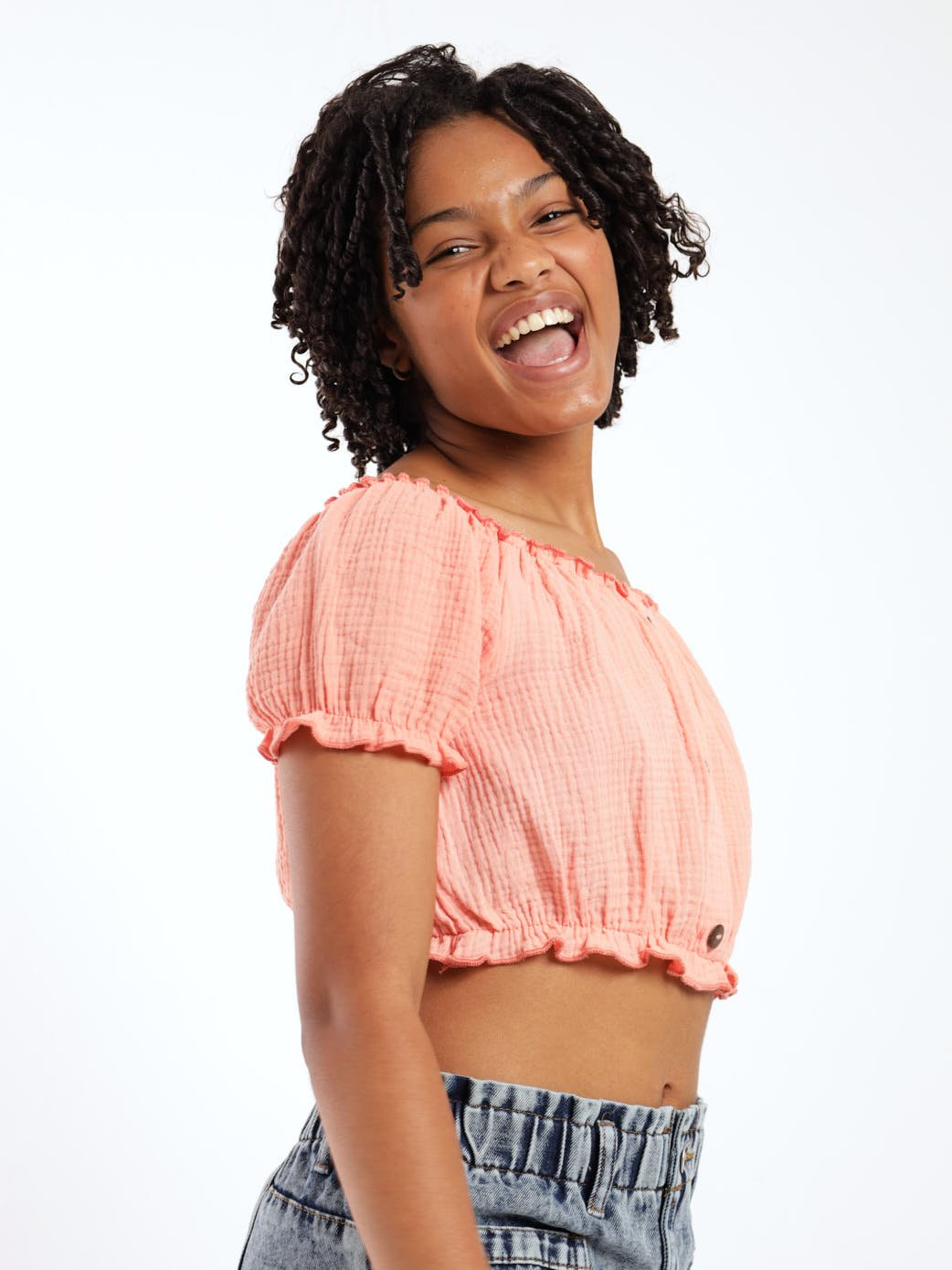 Girls Crop Top With Button Detail - Flamingo