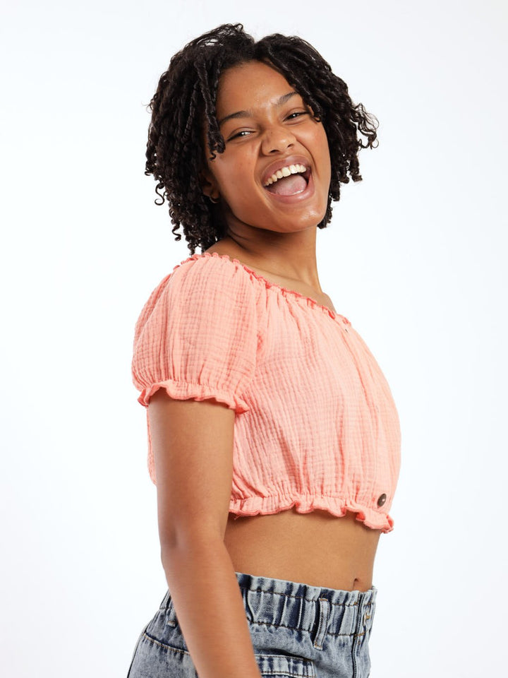 Girls Crop Top With Button Detail - Flamingo